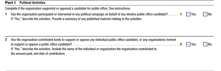 CA FTB Form 3509 Part I-Political Activities, Organization supported or opposed a candidate Line 1 and Line 2