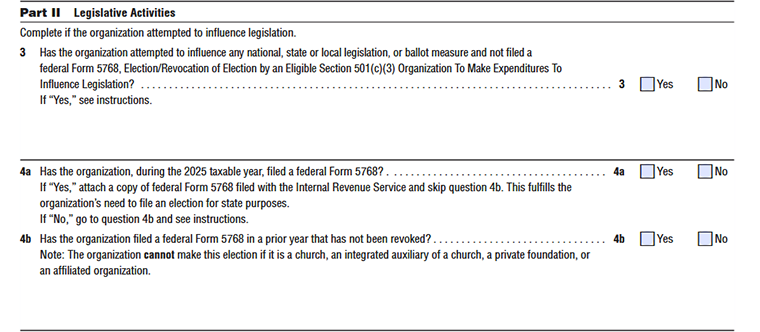 CA FTB Form 3509 Part II-Legislative Activities for organization attempted to influence legislation Line 3 to Line 4
