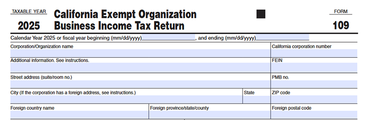 FTB Form 109 organization details section showing tax year, organization name, FEIN, address.