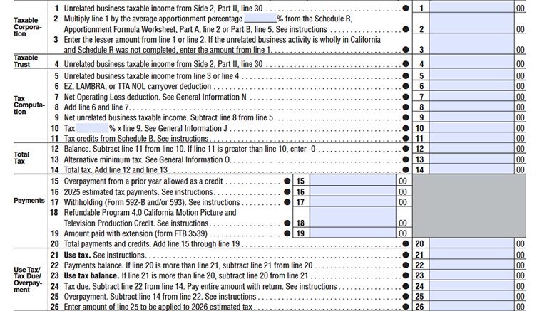 FTB California unrelated business income tax form, lines 1–26, covering income calculation, tax computation, payments, and balance due.