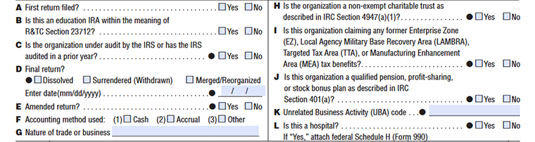 FTB Form 109 Organization Information section with filing status, accounting method, business activity, trust, tax benefits, and hospital details.
