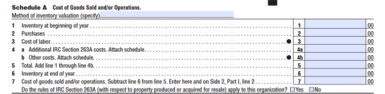 TB Form 109 Schedule A – Cost of Goods Sold and/or Operations, lines 1–7: inventory, purchases, labor, costs, and ending inventory.
