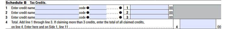 FTB Form 109 Schedule B - Tax Credits, lines 1–4: tax credit names and codes, and total claimed tax credits.