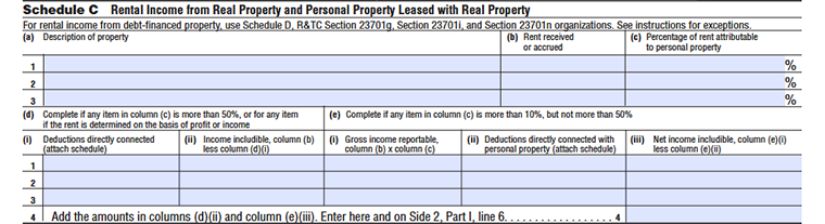 FTB Form 109 Schedule C - Rental Income, rental property description, rent received or accrued, and percentage attributable to personal property.