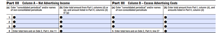 FTB Form 109 Schedule H – Advertising Income and Excess Advertising Costs, Parts III: advertising income, costs, and net advertising income.