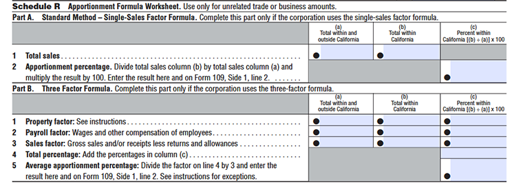 FTB Form 109 Schedule R - Apportionment Formula Worksheet, Part A and Part B: sales, property, payroll, sales factors, and apportionment percentage.