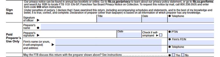 IRS form signature section showing spaces for officer and preparer signatures, title, date, telephone, PTIN, firm name, and FEIN.