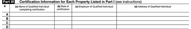 Form 7205 Part III showing certification information for each energy efficient property listed in Part I