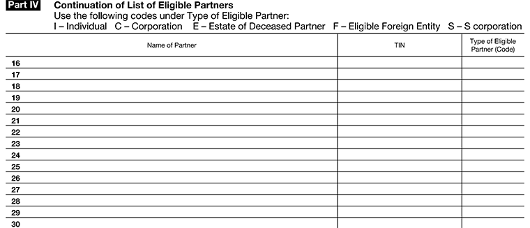 Schedule B-2 Part IV continuing the list of eligible partners with codes