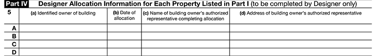 Form 7205 Part IV showing designer allocation information for each property listed in Part I