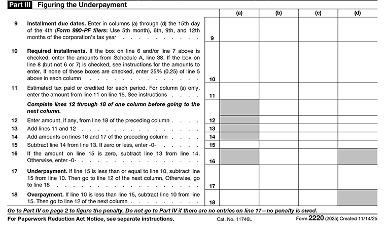 Form 2220 Part III-Figuring the Underpayment Line9 to Line18