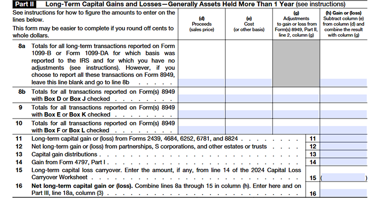 Form 1041 Schedule D showing capital gains and losses, including short-term and long-term asset sales, cost basis, adjustments, and net gain or loss.