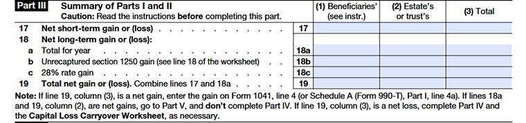 Form 1041 Schedule D Part III summarizing short-term and long-term capital gains and losses from Parts I and II, showing total net gain or loss.