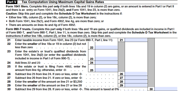 Form 1041 Schedule D Part V calculating tax using maximum capital gains rates, applying different rates to short-term and long-term gains.