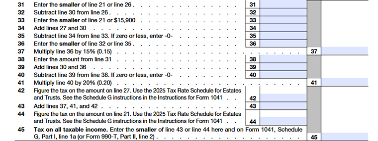Form 1041 Schedule D Part V calculating tax using maximum capital gains rates, applying different rates to short-term and long-term gains.