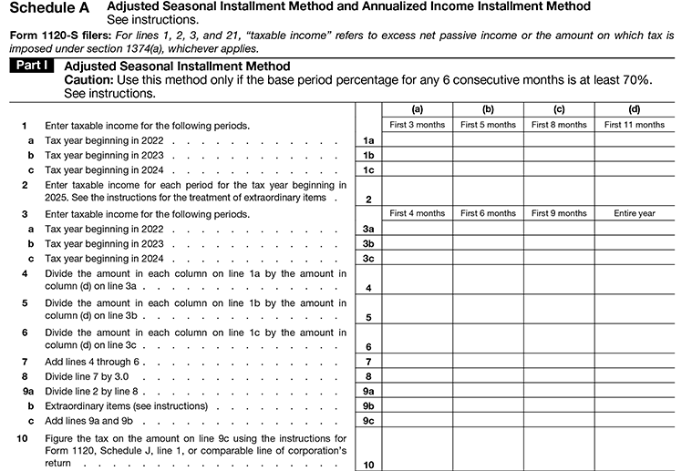 Form 2220, Schedule A, Part I-Adjusted Seasonal Installment Method Line1 to Line10