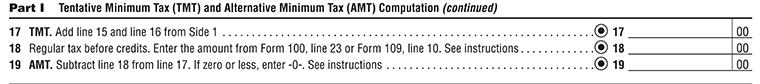 Schedule P (100) AMT and Credit limitations, Part I, Line 17 to Line 19