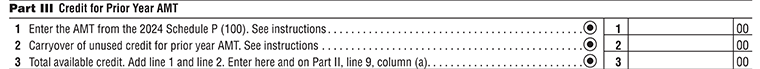 Schedule P (100) AMT and Credit limitations, Part III, Line 1 to Line 3