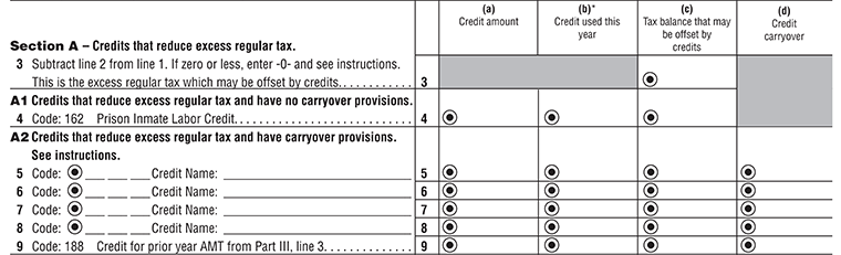 Schedule P (100) AMT and Credit limitations, Part II, Section A, Line 3 to Line 9