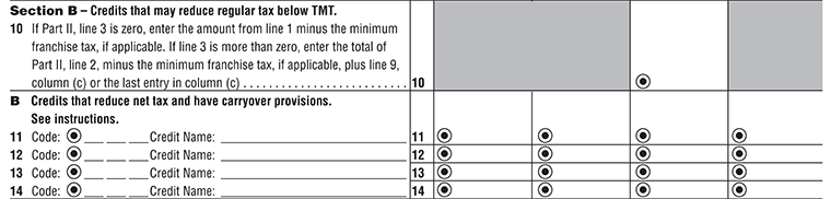 Schedule P (100) AMT and Credit limitations, Part II, Section B, Line 10 to Line 14