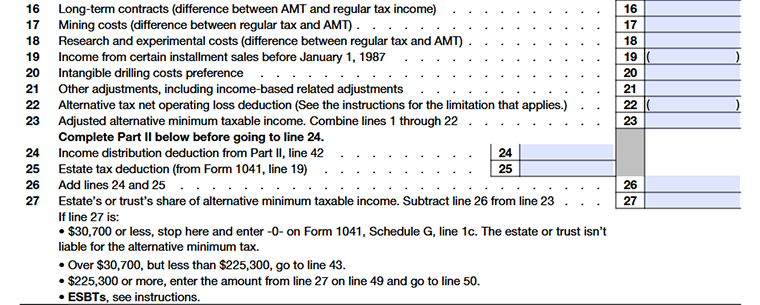 Form 1041 Schedule I Part I showing the estate’s or trust’s share of alternative minimum taxable income (AMTI) for calculating AMT. Line16-Line27
