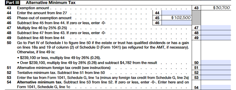 Form 1041 Schedule I Part III calculating the Alternative Minimum Tax (AMT) for estates and trusts, including adjustments and preference items.