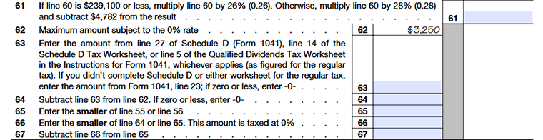 Form 1041 Schedule I Part IV calculating tax on line 50 using maximum capital gains rates, applying appropriate rates to short- and long-term gains. Line 61 to Line 67