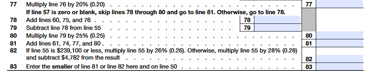 Form 1041 Schedule I Part IV calculating tax on line 50 using maximum capital gains rates, applying appropriate rates to short- and long-term gains. Line77-Line83