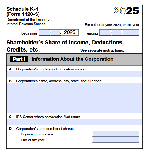 Schedule K-1 (Form 1120-S) Part I showing information about the S corporation