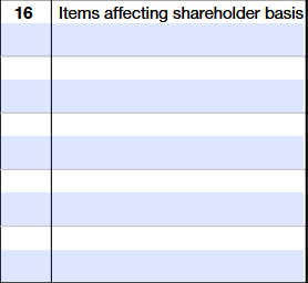 Schedule K-1 (Form 1120-S) Line 16 showing items affecting shareholder basis