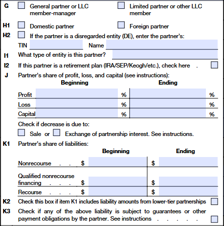 Schedule K-1 Form 1065 Part II partner information items G to K3