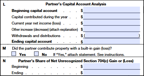 Schedule K-1 (Form 1065) Part II – Information About the Partner, Items L to N