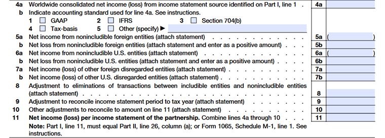 Schedule M-3 Form 1065 Part I financial information and net income reconciliation lines 4 through 11