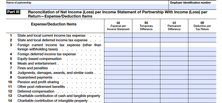 Schedule M-3 (Form 1065) Part III reconciliation of net income expense and deduction items, lines 1–14