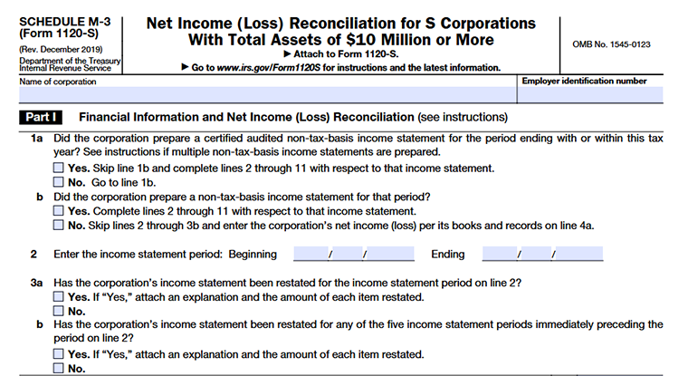Schedule M-3 Part I showing financial information and net income (loss) reconciliation lines 1a to 3b