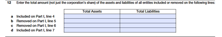 Schedule M-3 Part I Line 12 showing total assets and liabilities of included and removed entities